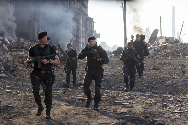 Barney Ross (Sylvester Stallone), Toll Road (Randy Couture), Galgo (Antonio Banderas), Lee Christmas (Jason Statham), Doc (Wesley Snipes), and Gunner Jensen (Dolph Lundgren)