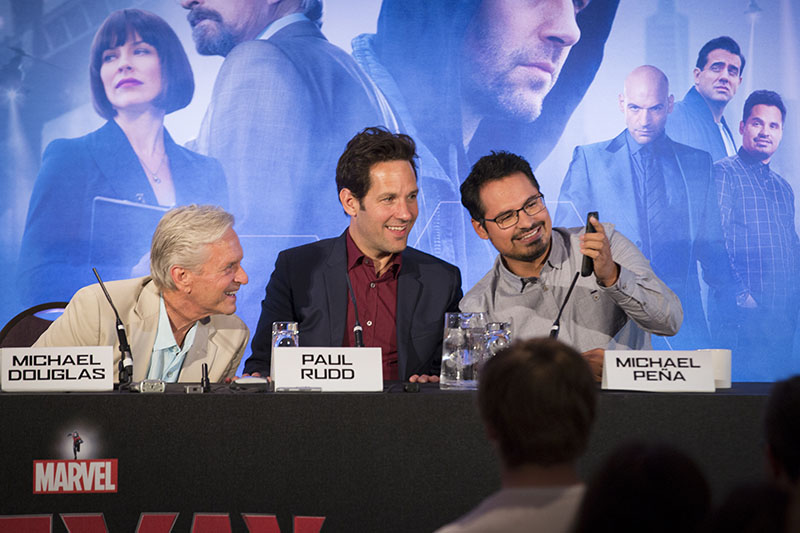 London UK – JULY  7:  Actors Michael Douglas, Paul Rudd and Michael Pena at the press conference for Marvel's “Ant-Man” in London on July 7, 2015 (Credit: James Gillham / StingMedia.co.uk)