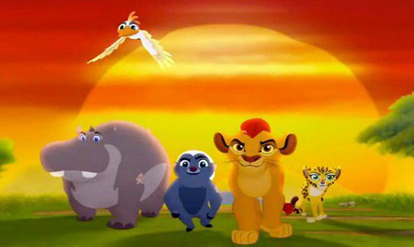 Beshte the hippo, Bunga the honey badger, Kion the lion cub, Fuli the fleet-footed cheetah and flying above Ono the egret