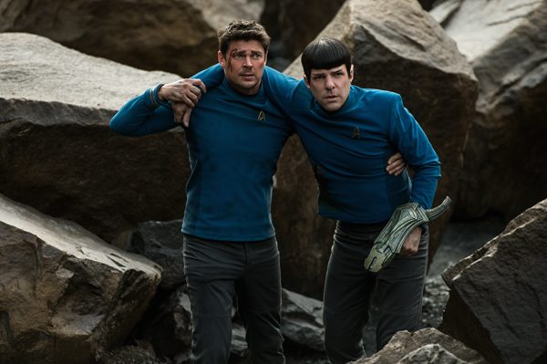 Karl Urban plays Bones and Zachary Quinto plays Spock in Star Trek Beyond from Paramount Pictures, Skydance, Bad Robot, Sneaky Shark and Perfect Storm Entertainment