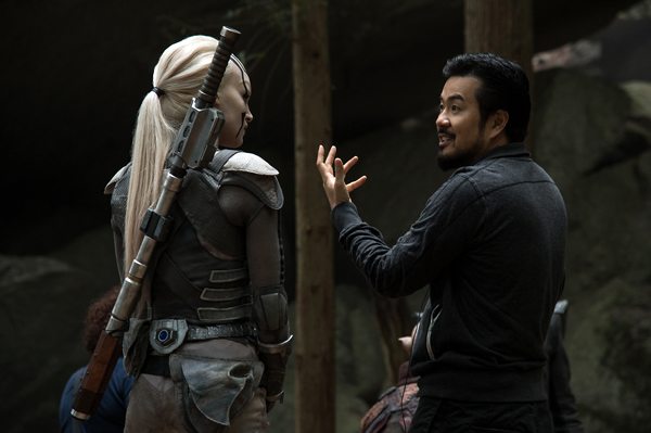 Sofia Boutella and Director Justin Lin on the set of Star Trek Beyond from Paramount Pictures, Skydance, Bad Robot, Sneaky Shark and Perfect Storm Entertainment