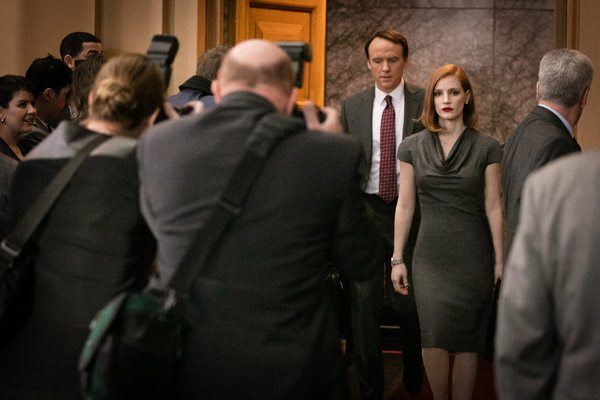 David Wilson Barnes (left) and Jessica Chastain (right) star in EuropaCorp's "Miss Sloane". Photo Credit: Kerry Hayes © 2016 EuropaCorp Ð France 2 Cinema