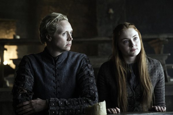 Gwendoline Christie as Brienne of Tarth and Sophie Turner as Sansa Stark in Game of Thrones HBO