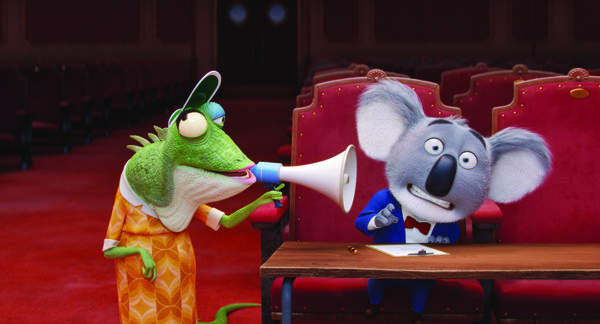 MATTHEW MCCONAUGHEY stars as dapper koala Buster Moon and writer/director GARTH JENNINGS voices elderly lizard Miss Crawly in the event film "Sing,"