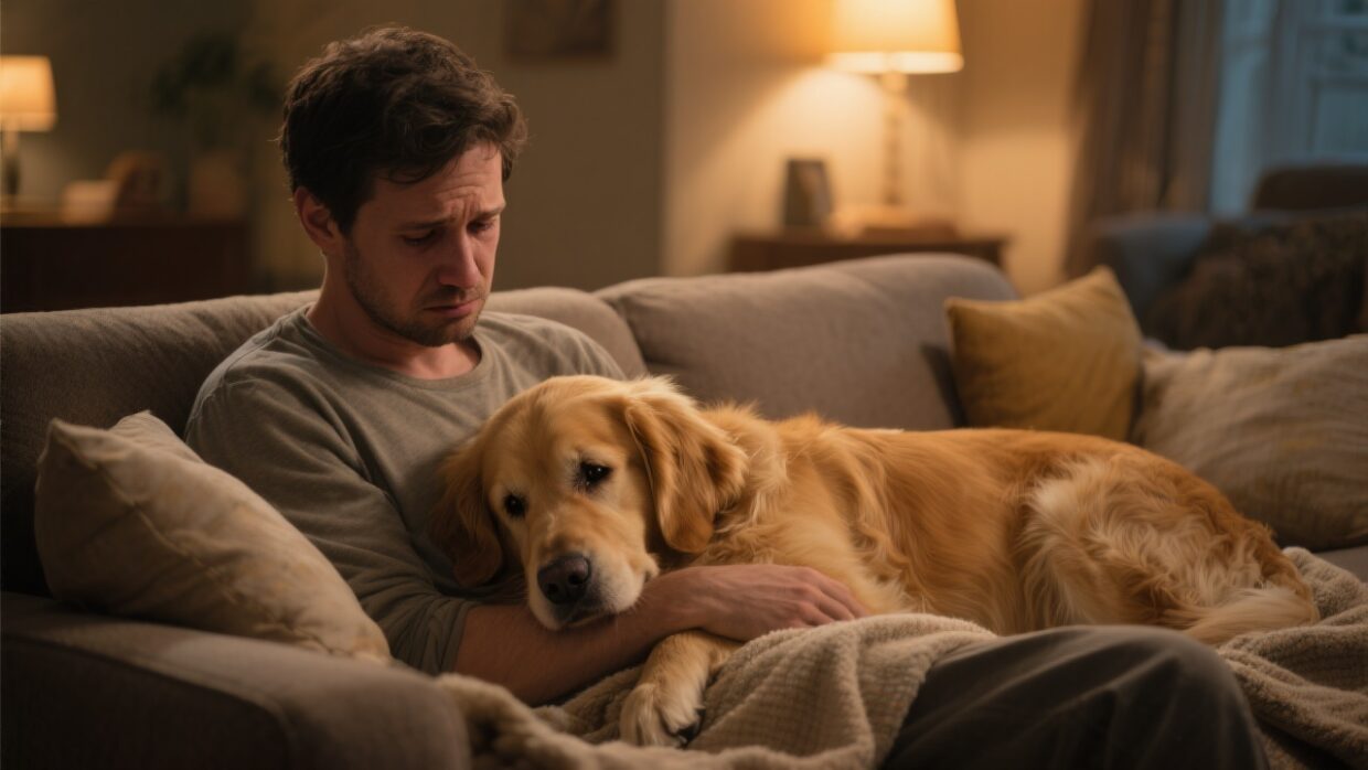 golden retriever consoling sad man