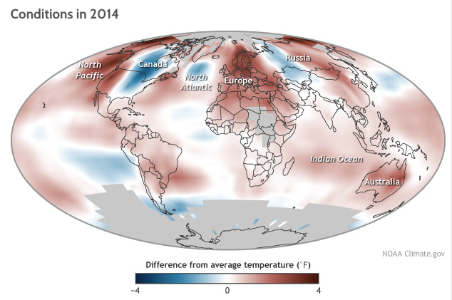 Average temperature in 2014 compared to the 1981-2010 average. Adapted from Plate 2.1c in State of the Climate in 2014.